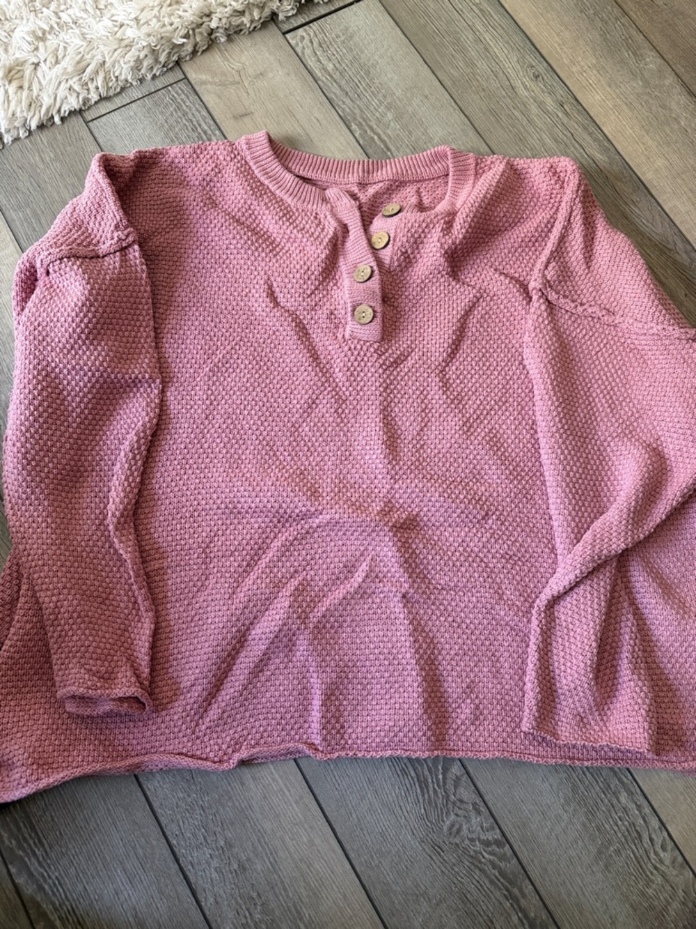 Amazon Women's Pink Crewneck Knit Sweater with Button Placket